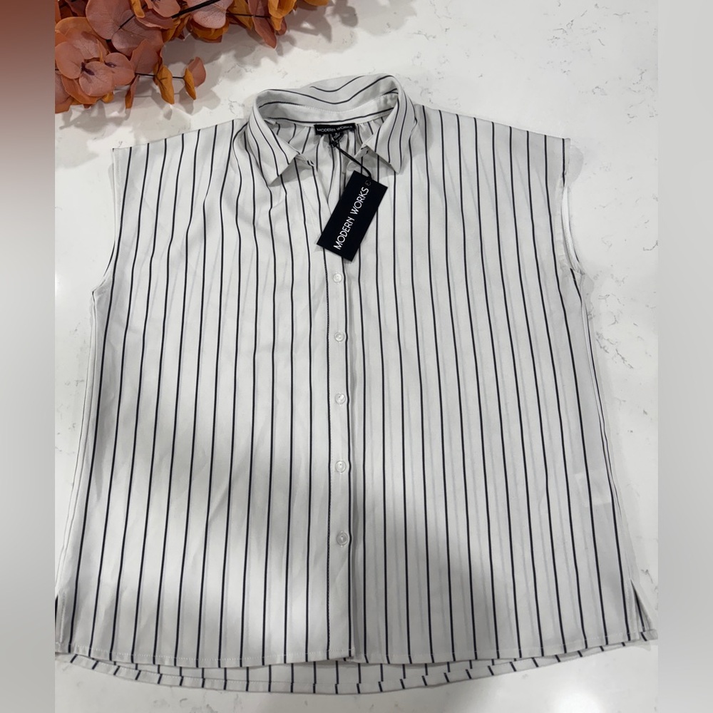Modern Icons Women's Striped Button Down Shirt - Black and White